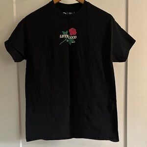 Life Is Good Black Tee with Red Rose Graphic